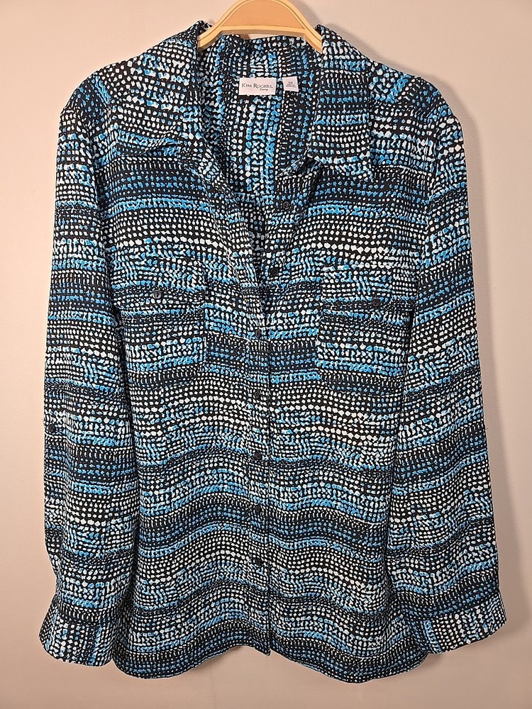 Kim Rogers Curvy Button Down Shirt Blouse Size 2X Roll Tab Sleeves Pockets Split