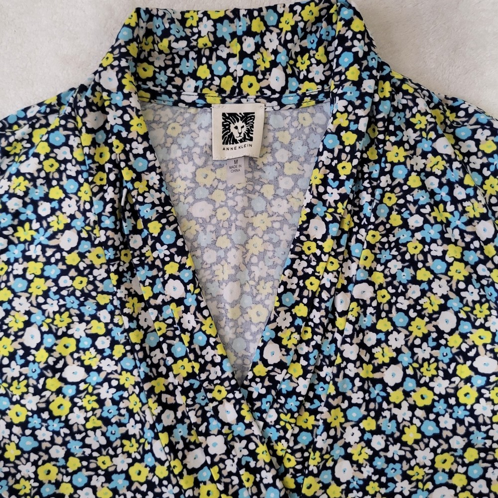 Anne Klein Sleeveless Blouse Women's M Blue Yellow White Floral Top V-Neck