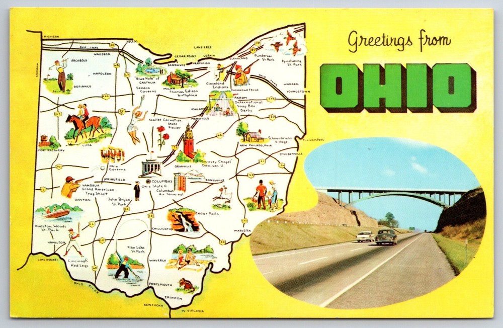 State Maps~Greetings From Ohio~Hwy Scene~Dayton~Lima~Mansfield~Vintage Postcard
