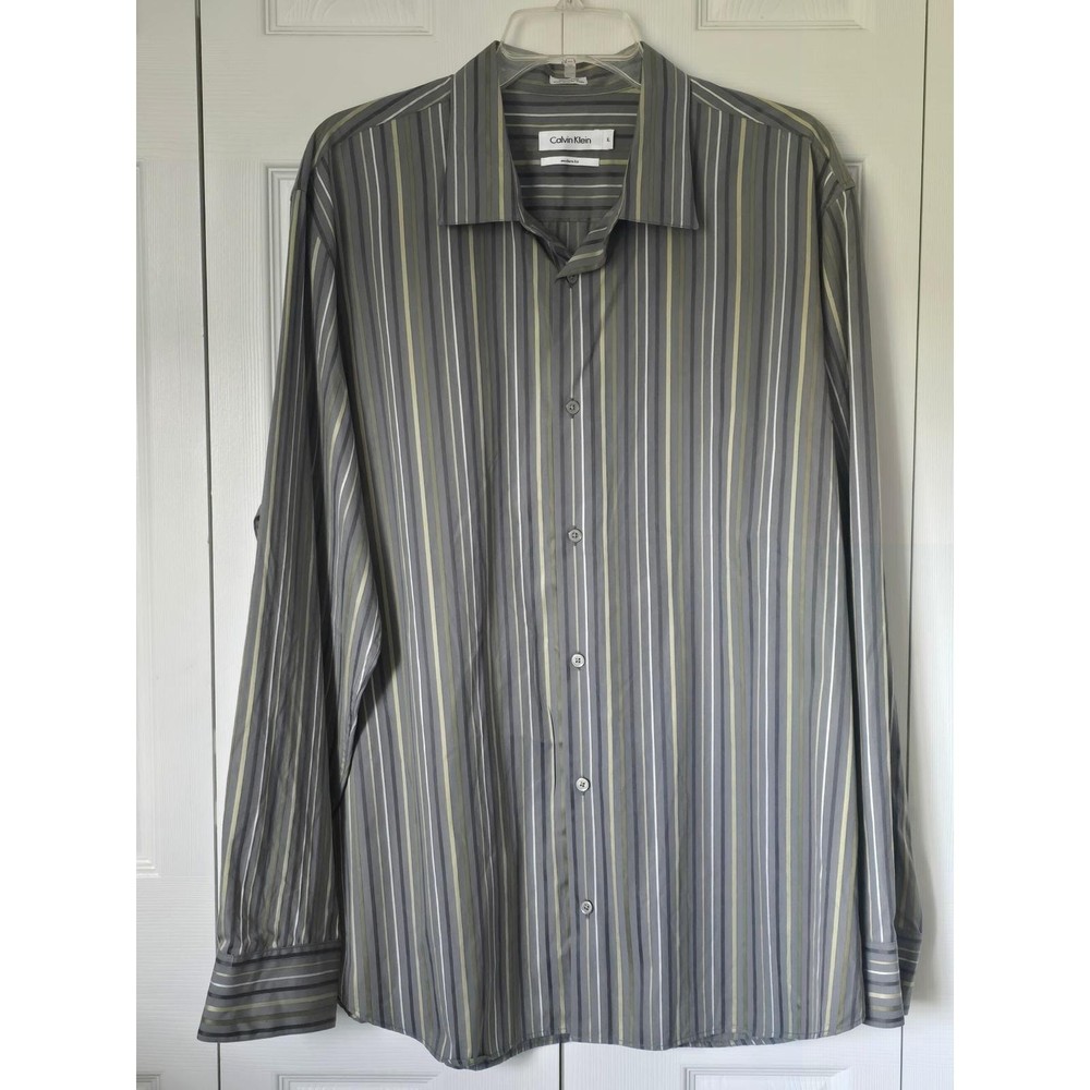 Calvin Klein Mens XL Modern Fit Striped Long Sleeve Button Down Shirt Grey Green