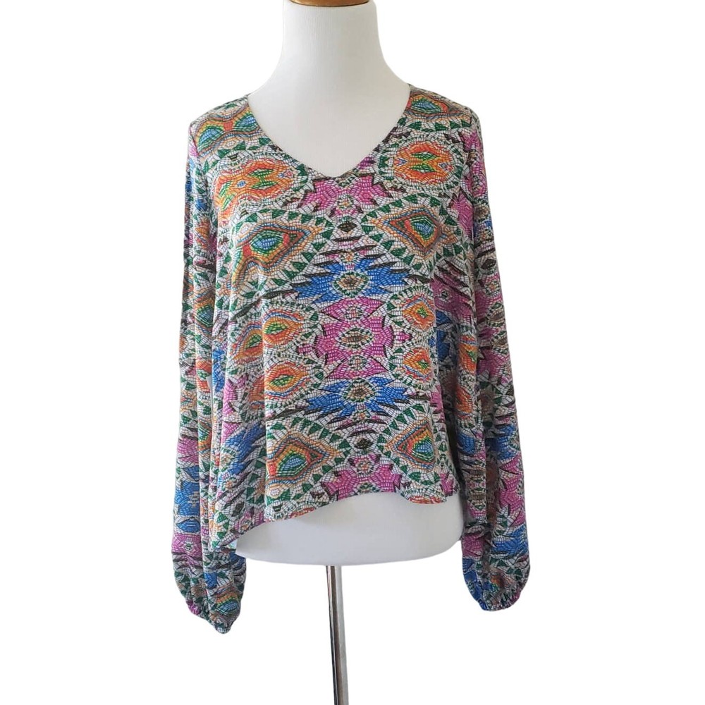Lovers + Friends Daydream Mosaic Blouse with Slit Sleeves in XS