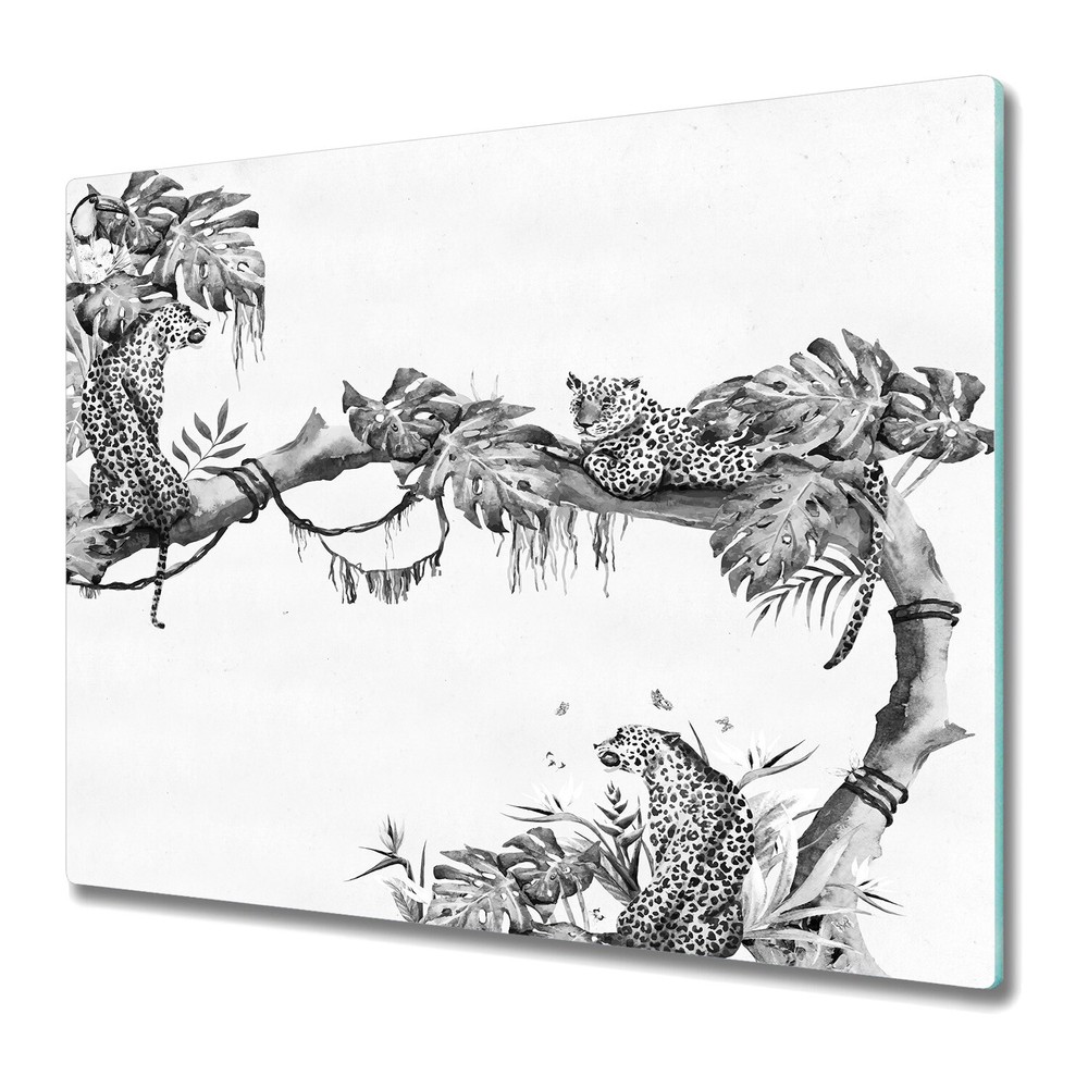 Glass Kitchen Chopping Cutting Board Tropical Cheetahs Black and White Floral