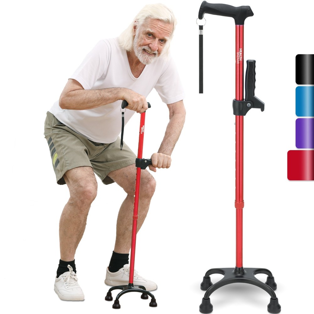 Quad Cane, Walking Cane for Men & Women with 4 Pronged Base for Extra Balance