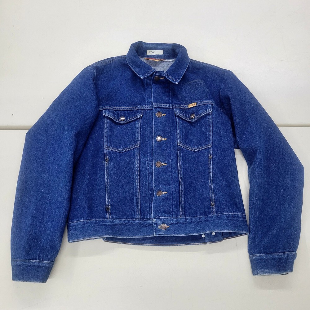 Vintage Rustler Denim Trucker Jacket 80s Biker Size L Button Up Martingale  USA