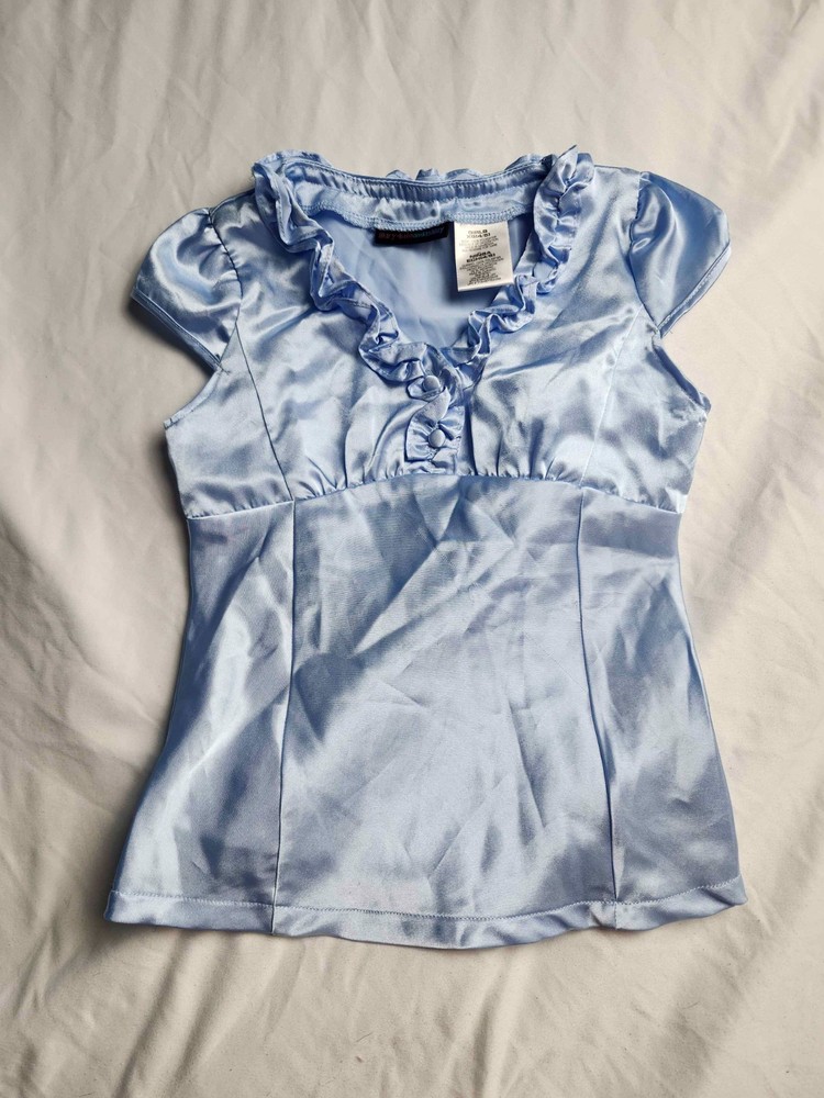 Vintage 90s Mary Kate Ashley Blouse XS Blue Satin Pastel Fairycore Coquette Y2K