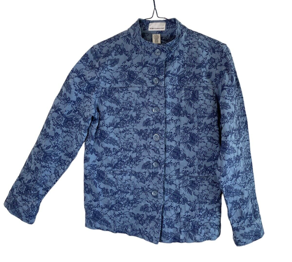 Rebecca Malone Women's Denim Jacket L Embroidered Brocade Blue Cottage Artsy