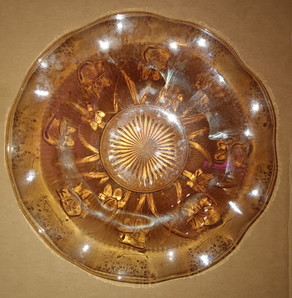 JEANETTE GLASS CO RUFFLED MARIGOLD  11.5IN FRUIT BOWL.