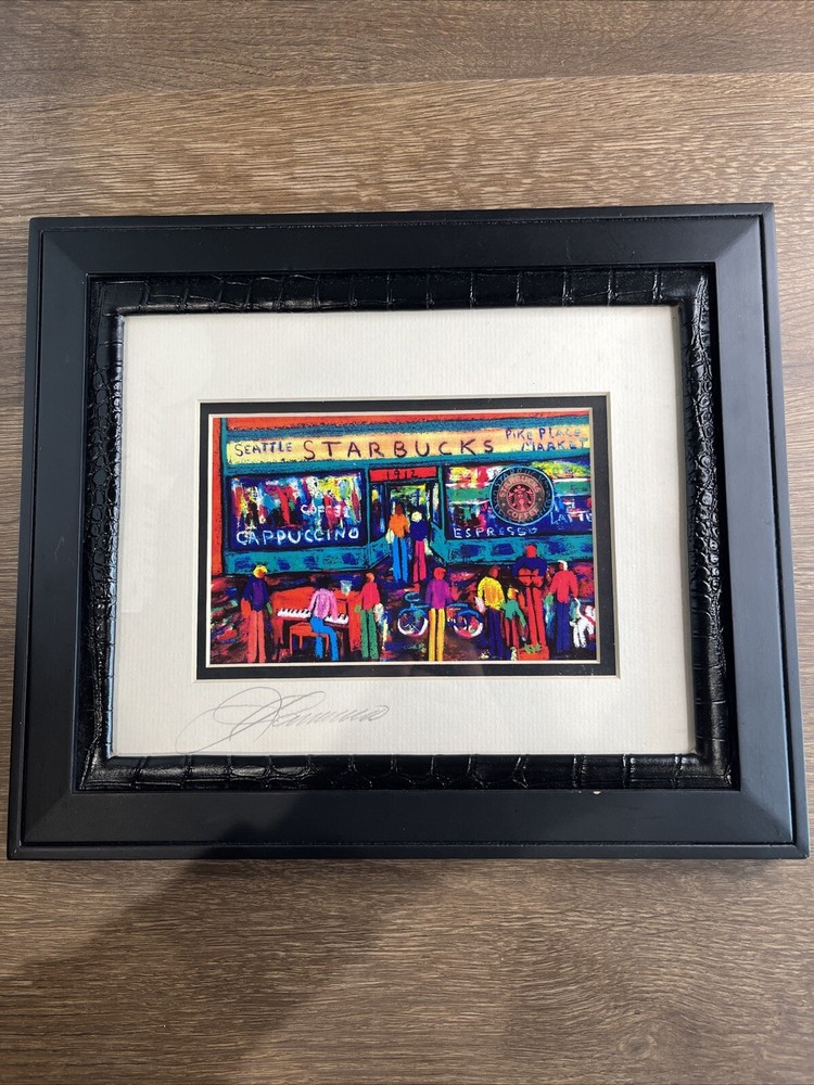 Joseph A. Lamanno SIGNED Starbucks Art Print Seattle Pike's Place Framed 14”X 11