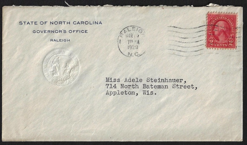 US 1929 GOVERNOR OF NORTH CAROLINA OLIVER MAX GARDNER AUTOGRAPH & SEAL OF THE