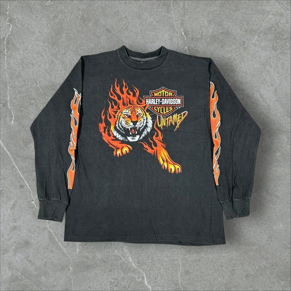 VTG Harley Davidson Untamed Flame Tiger Size XL Single Stitch Reprint Longsleeve