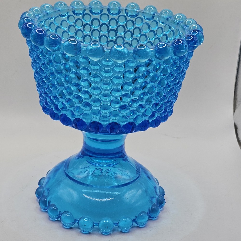 Vintage Blue Hobnail Glass Compote Bowl with Thousand Eye Design Glows 6 Inch