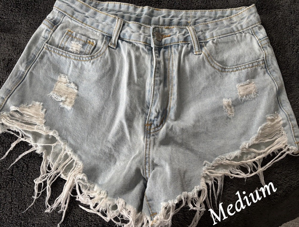 Distressed Cut Off Denim Shorts Light Blue Women's Medium Casual Frayed Hem