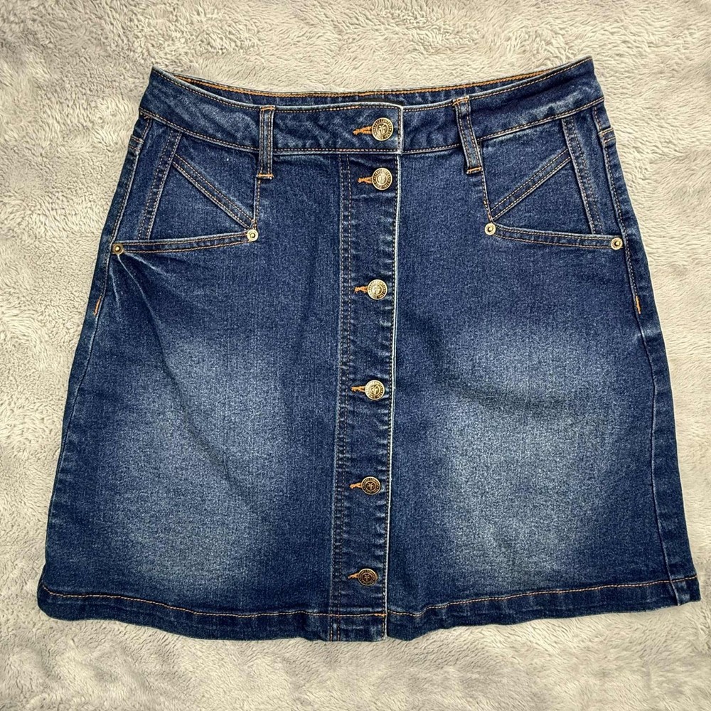 Frye Skirt Womens 10 Culver Wash Denim Button Front Stretch Mini Midi