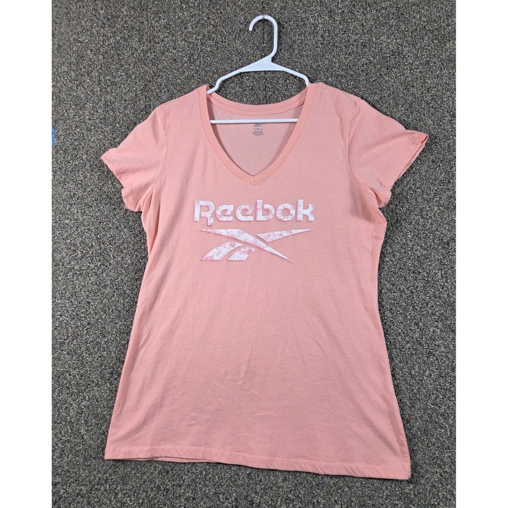 Reebok T-Shirt Womens Large Pink Sporty Casual V-Neck Graphic Tee