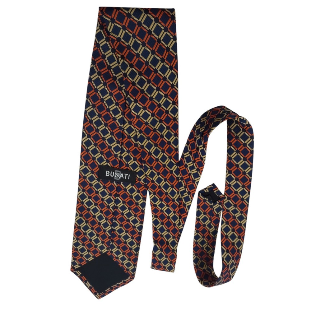 Busati Men’s Tie 100% Silk Navy Orange Yellow Geometric Necktie Made in USA