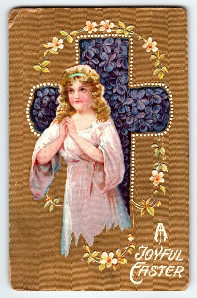 Easter Postcard Angel Girl Playing Embossed Holy Cross Flowers Religious 1909
