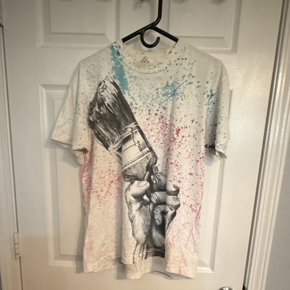 Fruit of the Loom XL Paint Brush Splatter Graphic Men's Cotton T-Shirt White