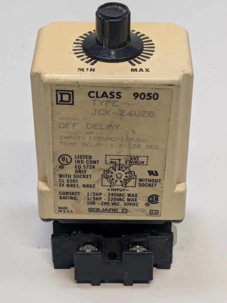 SQUARE D 120V 1.2-120 SEC ELECTRICAL TIMING RELAY 9050-JCK24V20 with AB Base