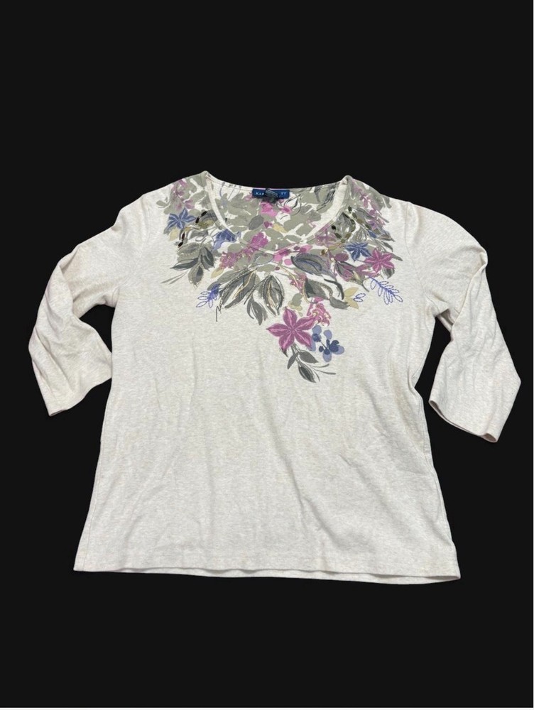 Karen Scott Women’s M Floral Round Neck 3/4 Sleeve Knit Pullover Top Beige