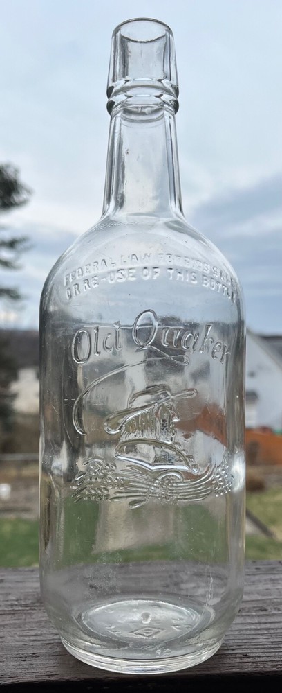 Vintage~Quart Size ~Old Quaker~Clear Whiskey Bottle ~Embossed ~Liquor