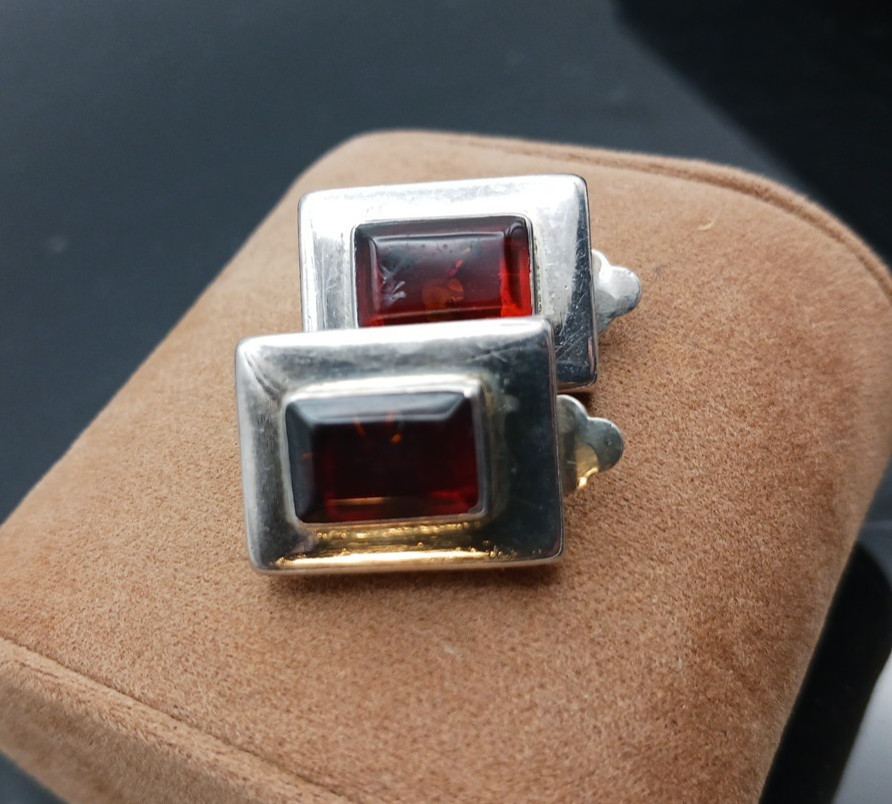 Vintage Baltic Amber Sterling Silver Clip On Earrings 925 AP Poland Modernist