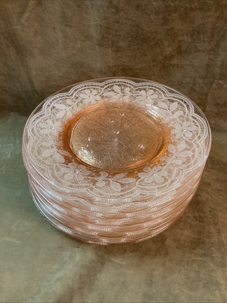 1880s Victorian Lacy flint glass Posey / Posie pattern plate a lot of 8 Pink