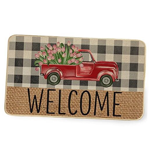 Spring Truck Flower Decorative Doormat 17 x 29 Inches Seasonal Welcome Mat
