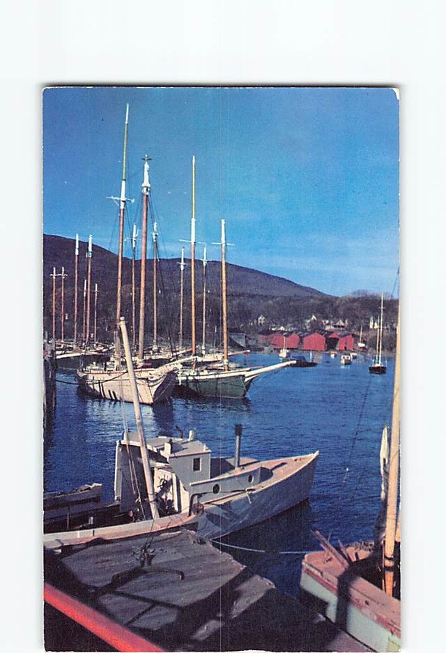Postcard Mountains Sea Windjammer Cruisers Harbor Maine Coast USA North America