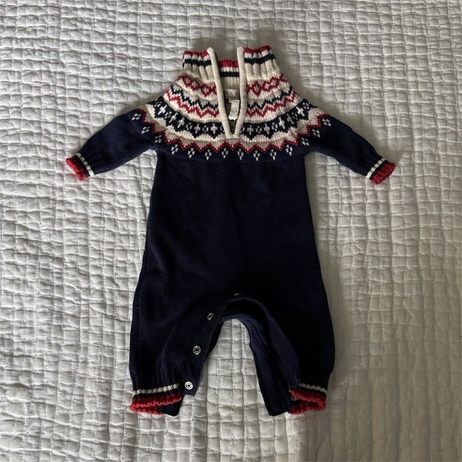 Hope & Henry Fair Isle Knit Romper One-Piece Navy Red White Zip 0-3 Months