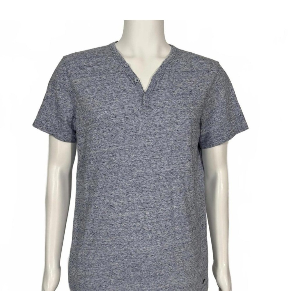 EXPRESS Men's Henley V Neck T-Shirt Blue Heathered Size Short Sleeve Size Large