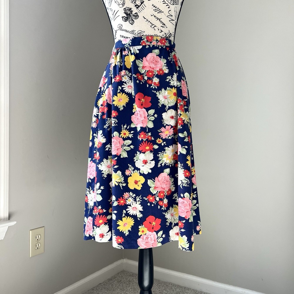 Vintage Floral Cotton Navy Midi Skirt by Teddi of California, XS 25” W