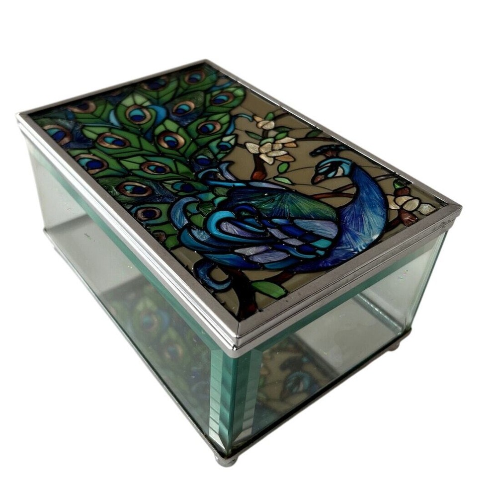 Vintage Joan Baker Designs Stain Glass Peacock Hand Painted Trinket Box Mint