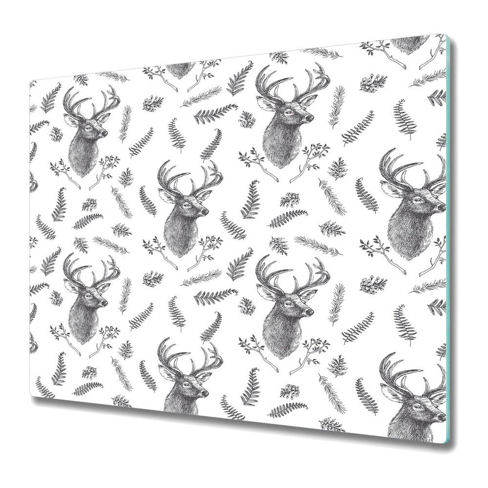 Glass Induction Ceramic Hob Cover Deer with herbs black and white 60x52