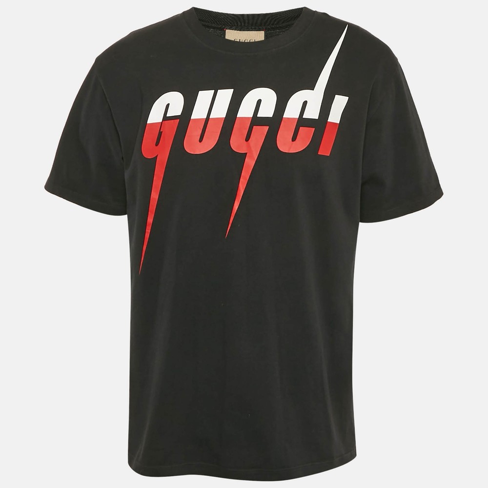 Gucci Black Cotton Crew Neck T-Shirt with Logo Print Size M