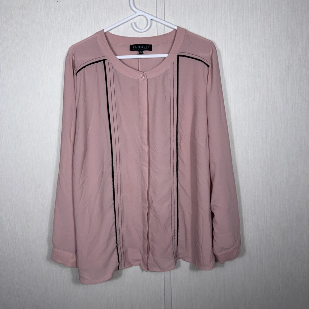 Eloquii Mauve Black Piping Trim Long Sleeve Blouse 24 Career Modest Minimalist