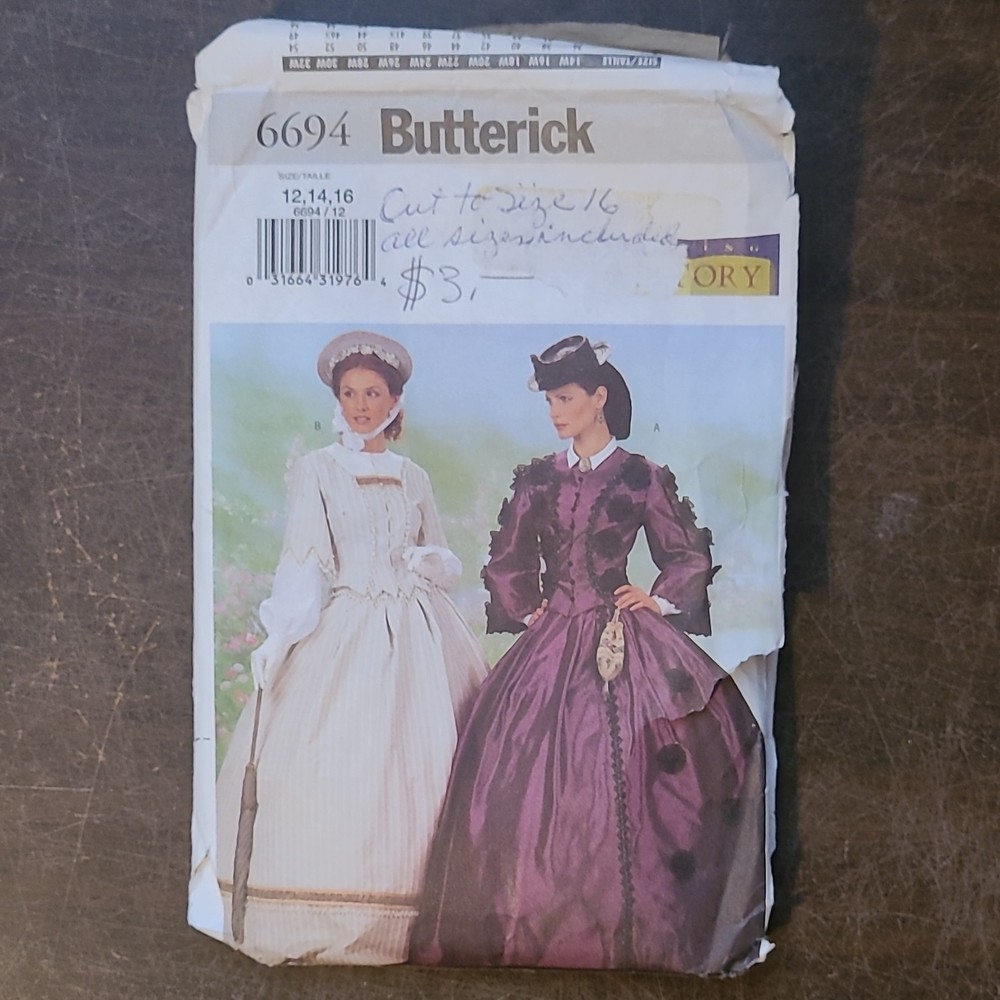 Butterick 6694 Victorian Historical Costume Sewing Pattern Plus Size 12-16 Women