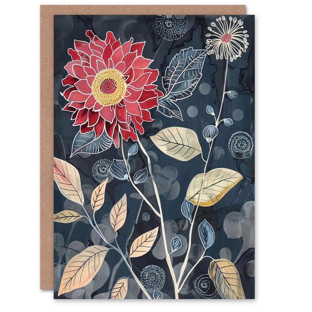 Greeting Card Stylised Dahlia Bloom Dark Floral Artwork Blank Birthday