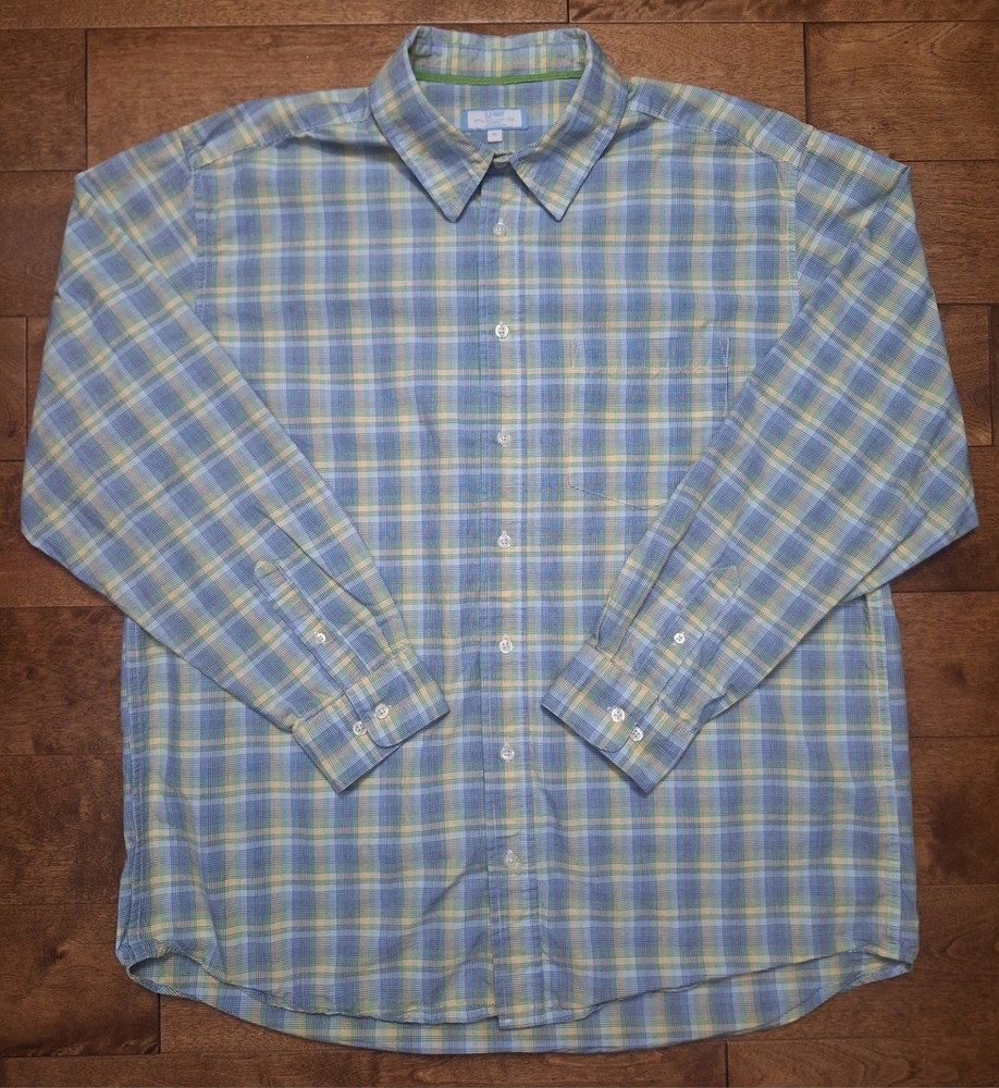 Old Navy Men's X-Large Long Sleeve Button-Up Plaid Shirt Blue Yellow Green EUC