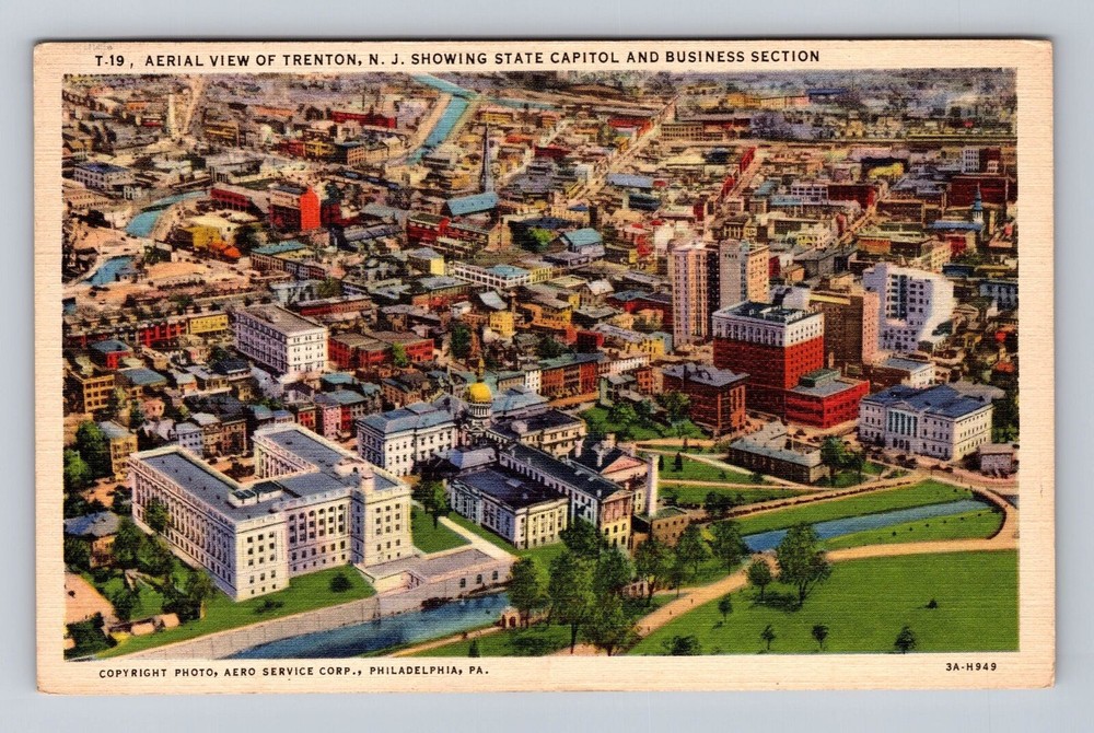 Trenton NJ-New Jersey, Aerial City view, State Capitol, Vintage c1941 Postcard