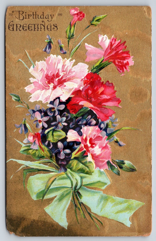 Greetings~Pink & Purple Flowers Birthday Greeting~Vintage Postcard