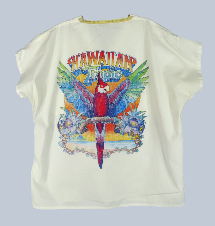 VTG Hawaiian Tropic Tanning Promo SCRUB SHIRT TOP T-SHIRT Colorful Parrot Bird M