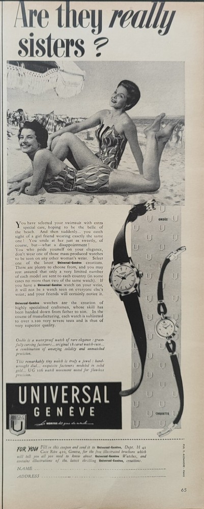 Universal Geneve Ondee Coquette Advertisement Watch 1 Page 1955 Original