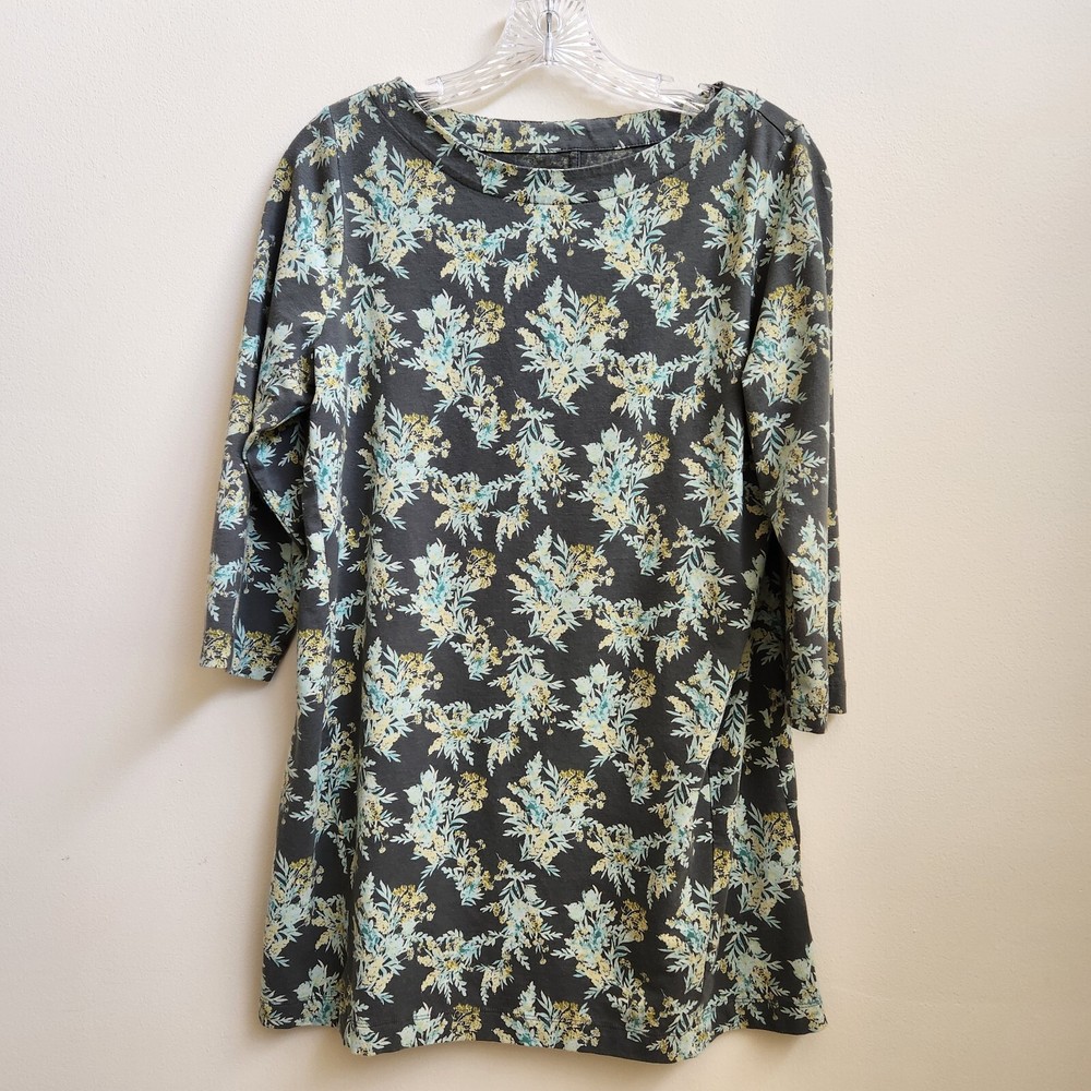 J Jill Tunic Women Small Green Floral Luxe Supima 3/4 Sleeve Tunic Side Slit