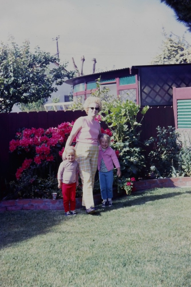 c1960's 35mm Slide Film Woman Two Children Backyard Rhododendron Flowers Family