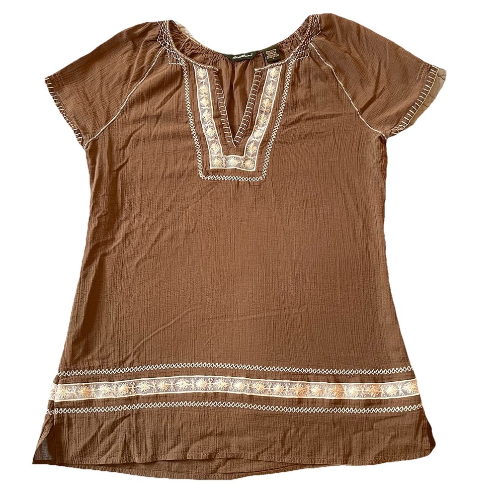Eddie Bauer Brown Boho Cotton Blouse Short Sleeve Womens Size Small