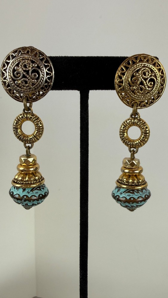 Vintage Gold Tone Clip On Earrings Turquoise Bead Ethnic Boho Dangle