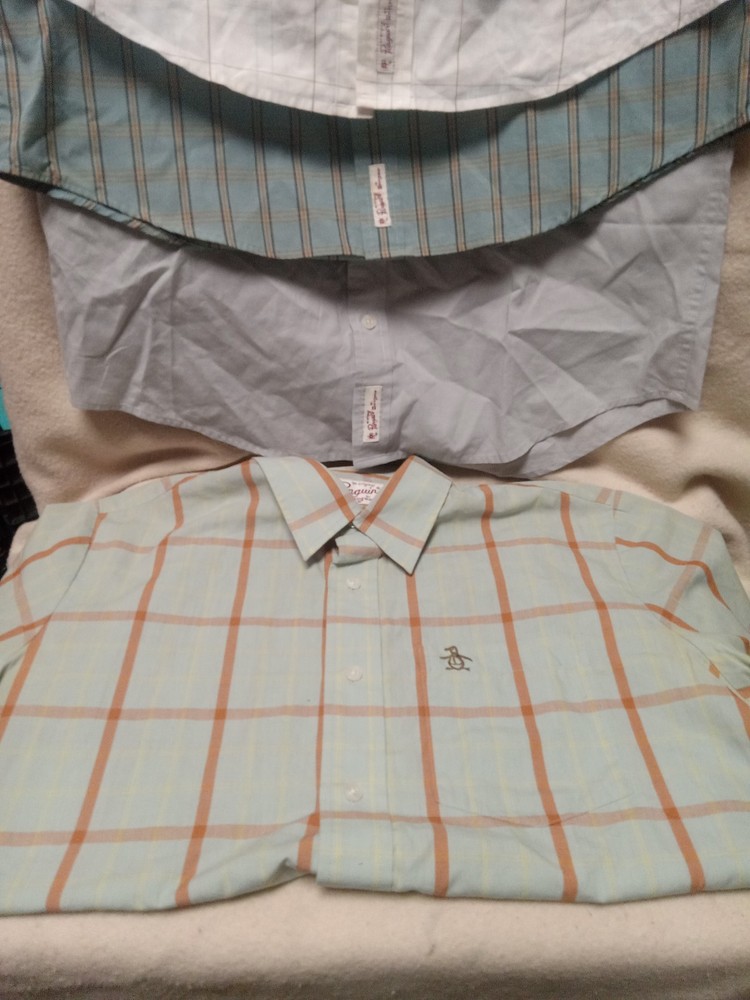 Penguin Mens Button Down Shirt Size M Blue Striped Linen Blend Short Sleeve Lot