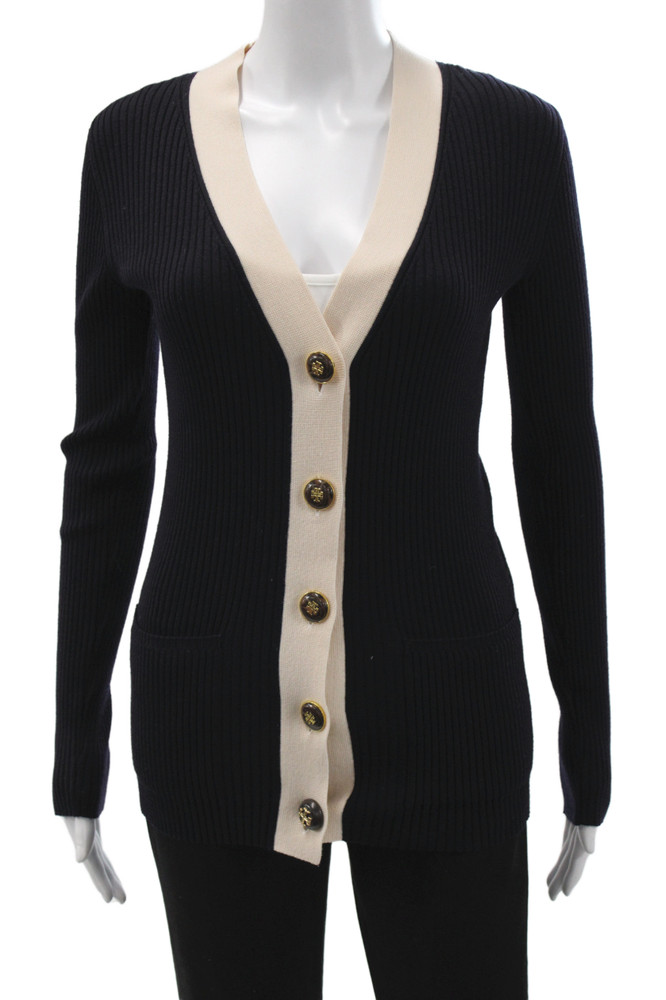 Tory Burch Womens Black V-Neck Button Wool Acrylic Cardigan Long Sleeve Size XSFree Shipping in US $100+ Orders | $6.95 Orders Below