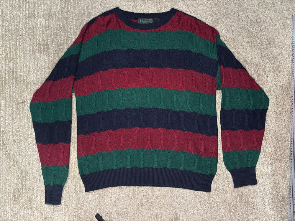 Sport Club Mens Sweater Large L Knit Chunky Navy Red Green 100% Cotton