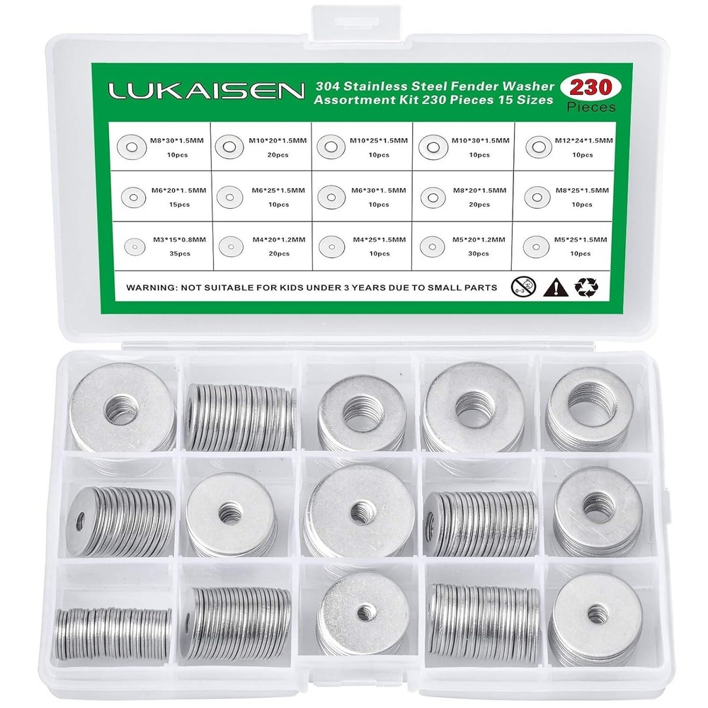 304 Stainless Steel Large Fender Washers Assortment Kit 230 Pieces 15 Sizes...